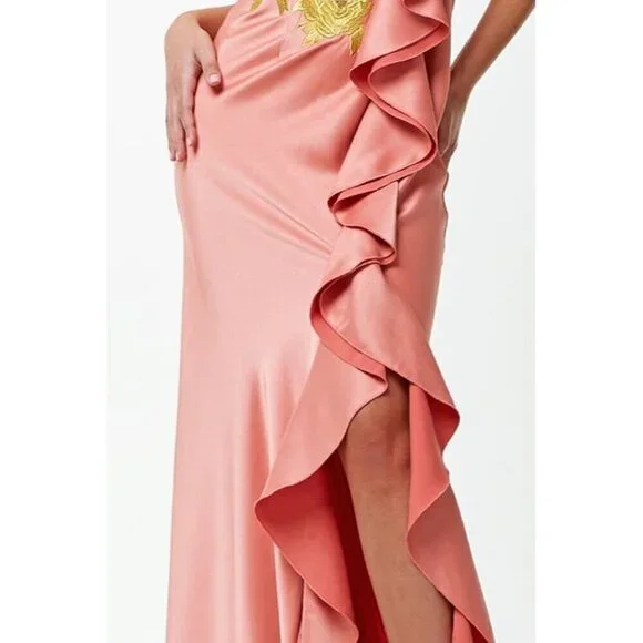 Mestiza New York Pink Satin Floral Appliqué Ruffle Gown Size 8